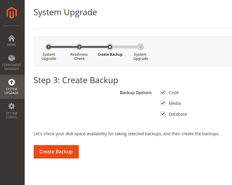 Magento 2 update Pantalla de copia de respaldo