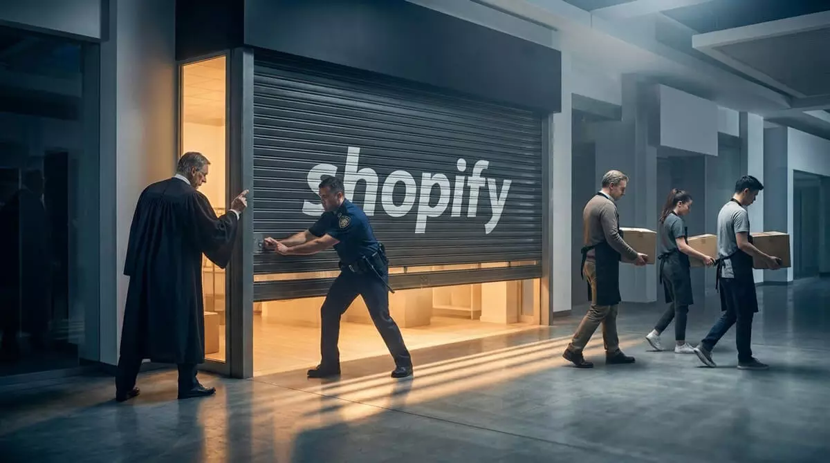 Persiana con el nombre Shopify cerrada por la autoridad sobre una tienda desalojada