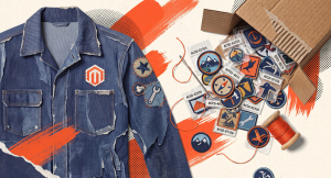 Chaqueta vaquera de trabajo remendada con un parche de Magento cosido en el pecho, junto a una caja volcada de la que se desbordan decenas de parches bordados sin usar, etiquetados con códigos de ticket de Adobe