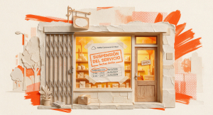 Escaparate de una tienda abierta con un aviso de Adobe Commerce on Cloud pegado en el cristal: sello naranja de suspensión del servicio y el calendario de fechas límite, 30/10/2026 para dependencias, 01/06/2027 para 2.4.4 y 2.4.5, y 01/06/2028 para 2.4.6 y 2.4.7