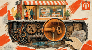 Una tienda cortada en sección: arriba un escaparate cuidado con el cartel de abierto y clientes entrando; debajo, un sótano con cables enredados, engranajes oxidados y una tubería que gotea, examinado con una lupa naranja