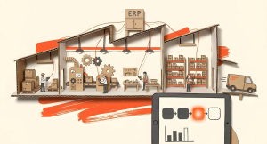 Una fábrica de papel vista en sección, con operarios escaneando en cada fase del proceso conectados a un armario ERP, y una tablet que muestra ese mismo proceso con la fase en curso marcada en naranja