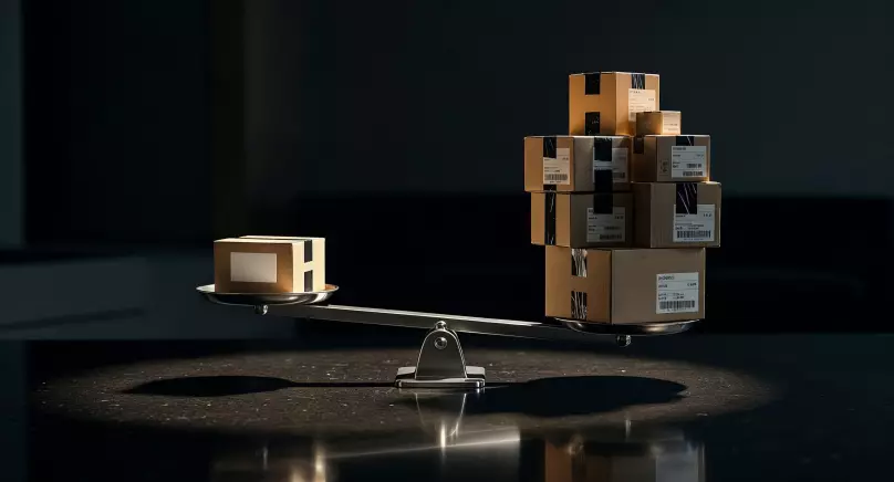 Balanza en equilibrio entre una caja pequeña y una pila de cajas industriales, representando el umbral entre WooCommerce y Magento