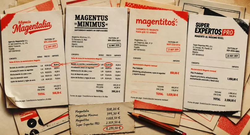Facturas de mantenimiento de Magento de distintas agencias (simuladas)