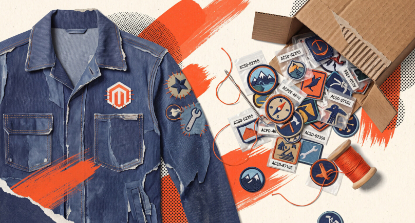 Chaqueta vaquera de trabajo remendada con un parche de Magento cosido en el pecho, junto a una caja volcada de la que se desbordan decenas de parches bordados sin usar, etiquetados con códigos de ticket de Adobe