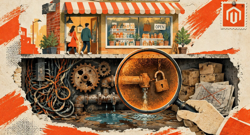Una tienda cortada en sección: arriba un escaparate cuidado con el cartel de abierto y clientes entrando; debajo, un sótano con cables enredados, engranajes oxidados y una tubería que gotea, examinado con una lupa naranja