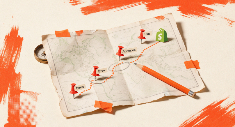 Un mapa de papel con una ruta naranja que pasa por Basic, Grow, Advanced y Plus hasta la bolsa de Shopify